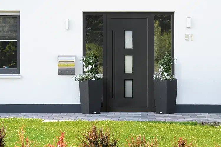 Moderne dunkle Haustür mit Glaselementen
