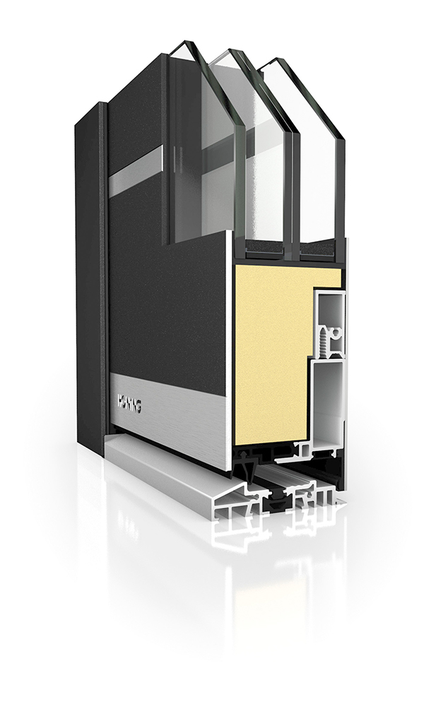 Schnittmodell der HÖNING AT90 THERMOPOWER: Aluminiumprofil mit beidseitiger Aufsatzfüllung, Dreifachglas und Schwelle