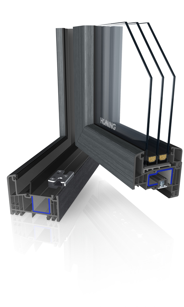 Schnittmodell eines HÖNING-Kunststofffensters 7K-3D THERMOPOWER mit Dreifachglas, Oberfläche in dunkelgrauer Holzstruktur