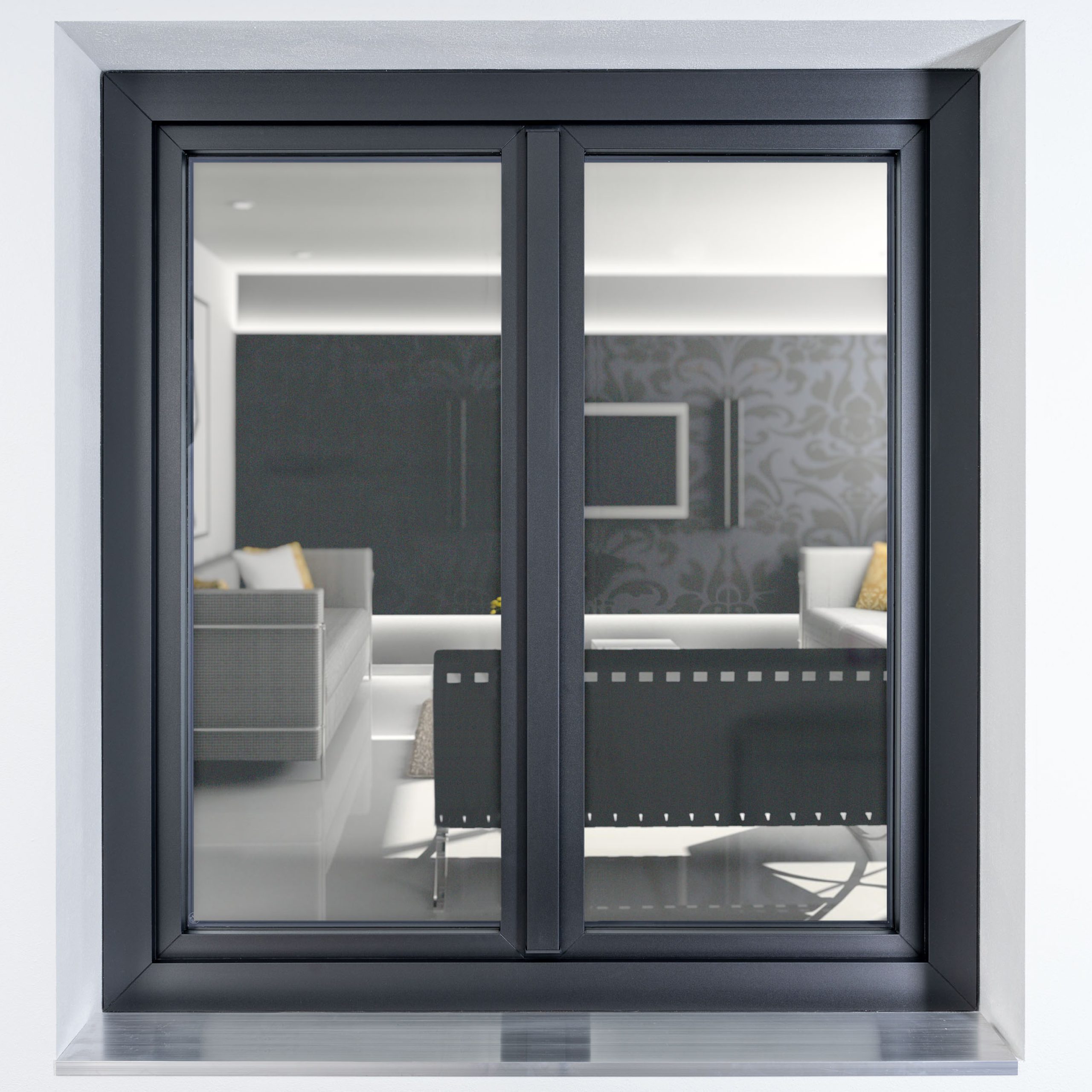 Zweiflügeliges Kunststofffenster LINEAR in Anthrazitgrau mit schmalem Mittelprofil, Blick durch das Glas in ein Wohnzimmer