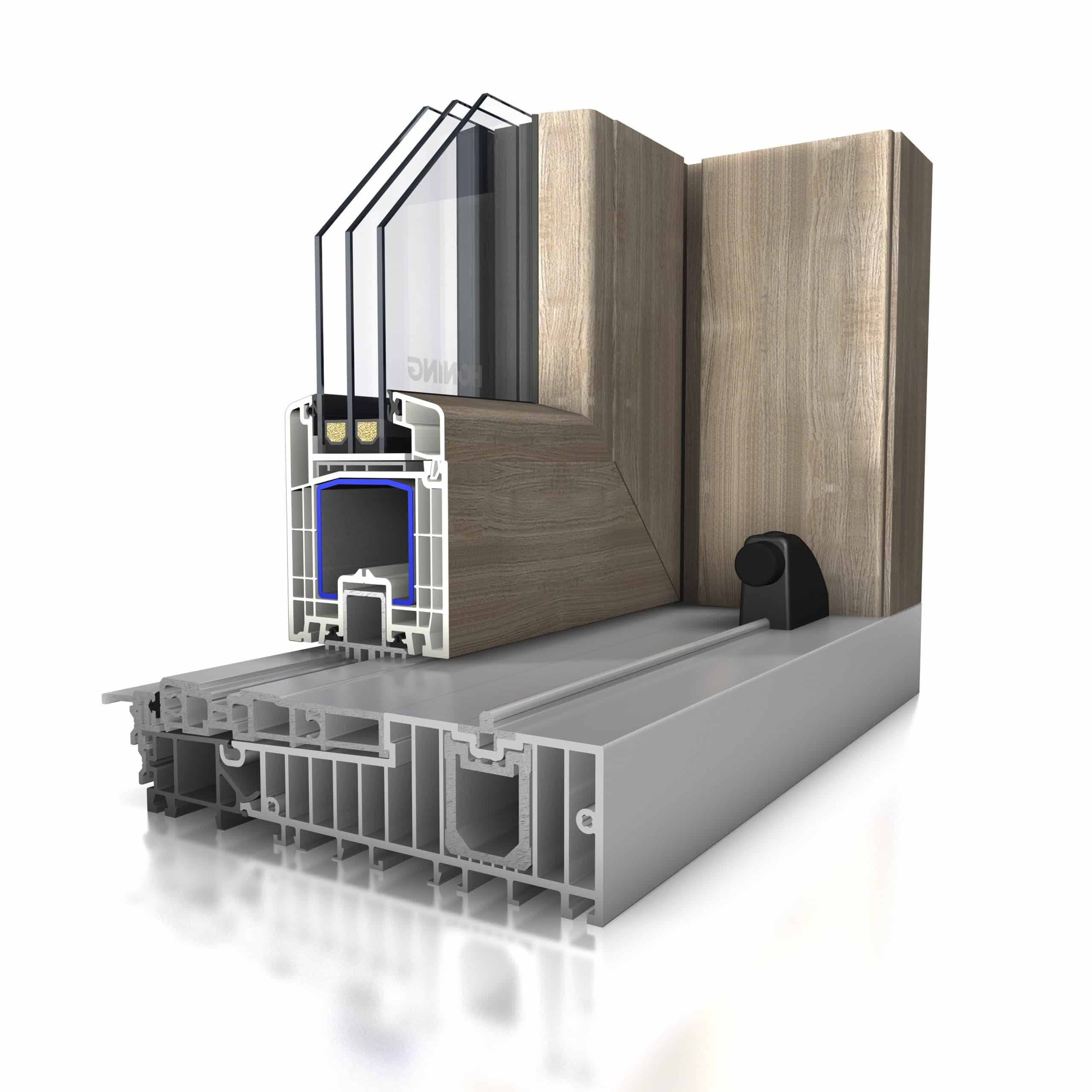 Schnittmodell der HÖNING-Hebeschiebetür HST THERMOPOWER mit Holzdekor, Dreifachglas und flacher Bodenschwelle