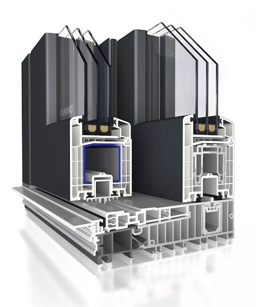 Schnittmodell der HÖNING HST THERMOPOWER in Anthrazitgrau: zwei Flügel mit Dreifachglas nebeneinander auf der Bodenschwelle