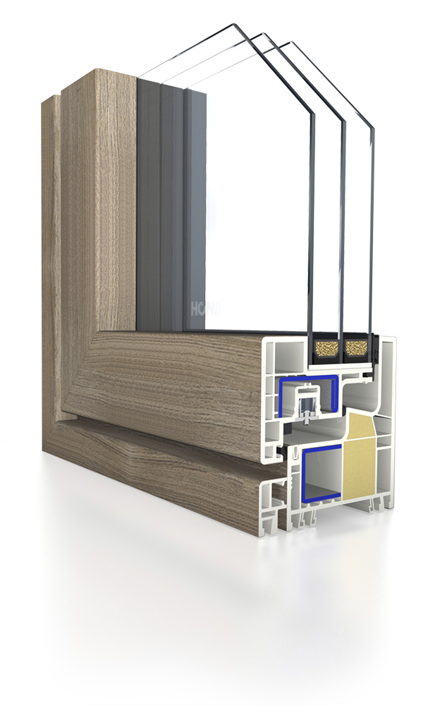Schnittmodell des HÖNING KUBUS mit flächenbündiger Innenseite in Holzdekor RealWood AnTeak, Dreifachglas und ausgeschäumter Rahmenkammer