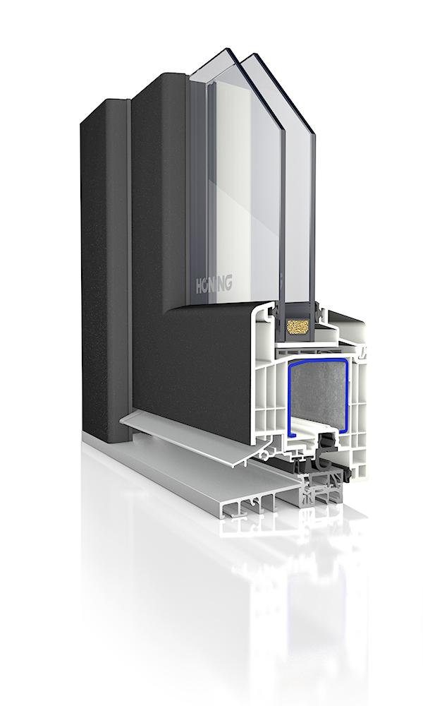 Schnittmodell der HÖNING Nebeneingangstür NE-KT THERMOPOWER: anthrazitfarbenes Kunststoffprofil mit Stahlkern, Isolierglas und Aluminiumschwelle
